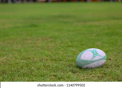 Gilbert Rugby Ball, Vajilavudh College, Bangkok, Thailand - June 2018 : Rugby Ball On Field Ready For Kick Off