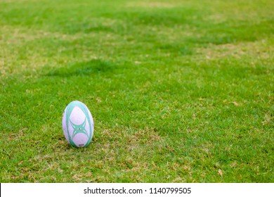 Gilbert Rugby Ball, Vajilavudh College, Bangkok, Thailand - June 2018 : Rugby Ball On Field Ready For Kick Off