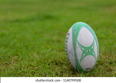 Gilbert Rugby Ball, Vajilavudh College, Bangkok, Thailand - June 2018 : Rugby Ball On Field Ready For Kick Off