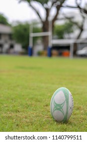 Gilbert Rugby Ball, Vajilavudh College, Bangkok, Thailand - June 2018 : Rugby Ball On Field Ready For Kick Off