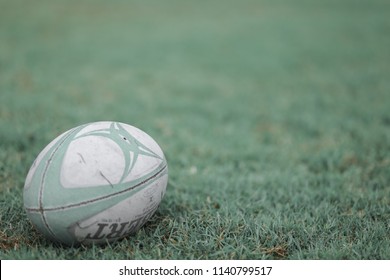 Gilbert Rugby Ball, Vajilavudh College, Bangkok, Thailand - June 2018 : Rugby Ball On Field Ready For Kick Off