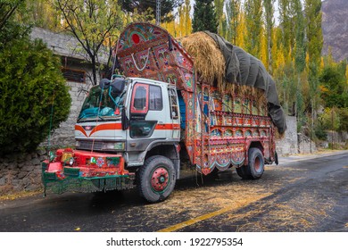 Gilgit, Pakistan - October 2029: traditional decorated truck on Karakorum highway