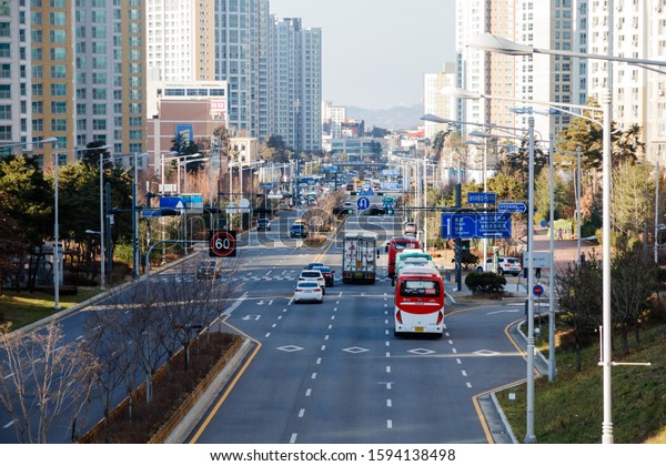 Gimpo, Gyeonggi-do - Korea 20 Dec 2019.\
Gyeonggi-do Bus System and Bus Station. Han River New Town\
Gurae-dong  Bus and Station. Han river new city\
scenery.