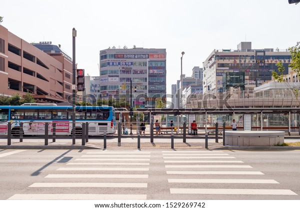 \
Gimpo, Gyeonggi-do, Korea\
Aug 28, 2019 -  Gyeonggi-do Bus System and Bus Station. Gurae-dong\
double-decker bus and stop. Han River New Town Gurae-dong Bus and\
Station.