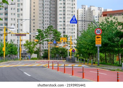 Gimpo-si, Gyeonggi-do, South Korea - August 24, 2022 : Speed Limit Road Sign. Parking Is Prohibited. Children's School Zone. 30 Km Enforcement.