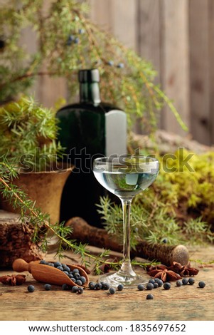 Gin, anise, and juniper berries on a wooden table. In the background branches of juniper, antique bottle and brass mortar with pestle.