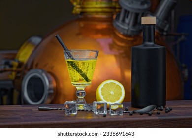 Gin cocktail with black ceramic bottle in front of distillery. You can put your label or message on the bottle. - Powered by Shutterstock