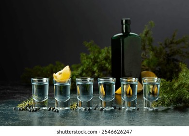 Gin and juniper branches on an old dark blue table. Gin with juniper berries, lemon slices, and vintage bottle. - Powered by Shutterstock