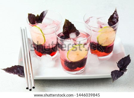 gin tonic with blackberries and leaves of purple basil. summer refreshing cocktail