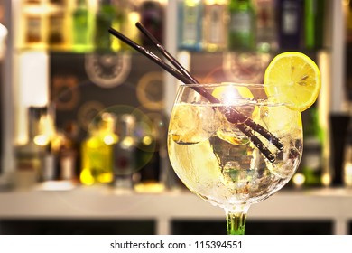 Gin Tonic Cocktail With Slice Of Lemon