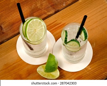 Gin Tonic Cocktails On Wood, Top View