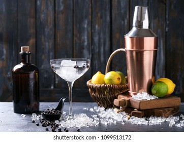 Gin and tonic drink served with lime, lemon, juniper berry, copper shaker and ice
