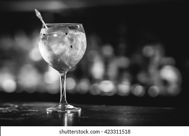 Gin Tonic In A Glass With Ice Rocks.