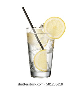 Gin And Tonic With Lemon Isolated On White Background Classic Alcohol Cocktail .