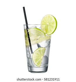 Gin And Tonic With Lime Isolated On White Background Classic Alcohol Cocktail. 