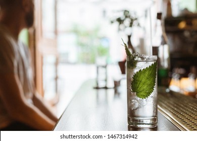 Gin And Tonic With Nettle And Ice Cubes In A Highball Glass At The Bar. Back Light, Film Grain Effect.