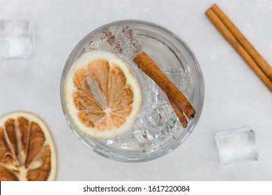 Gin Tonic Vodka Soda Cocktail Drink In Glass With Ice Cinnamon, Top View On White Background