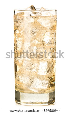 Ginger Ale or Apple Juice in a tall highball glass with ice cubes isolated on white background