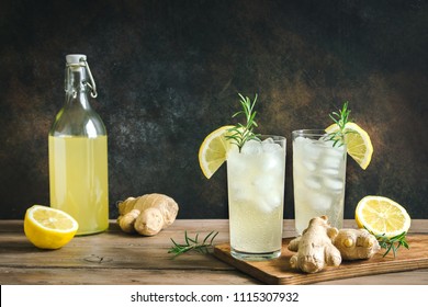 Ginger Ale or Kombucha in Bottle - Homemade lemon and ginger organic probiotic drink, copy space.