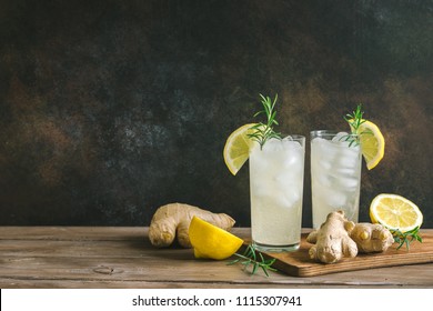 Ginger Ale Or Kombucha In Bottle - Homemade Lemon And Ginger Organic Probiotic Drink, Copy Space.