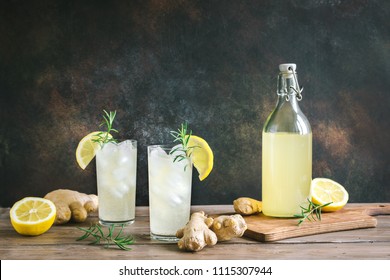 Ginger Ale Or Kombucha In Bottle - Homemade Lemon And Ginger Organic Probiotic Drink, Copy Space.