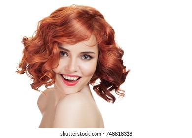 Ginger Beautiful Woman. Perfect Red Hair. Isolated On White Background. 