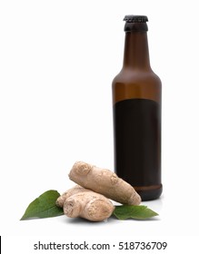 Ginger Beer Isolated On White Background Ale With Roots And Leaves Raw Fresh