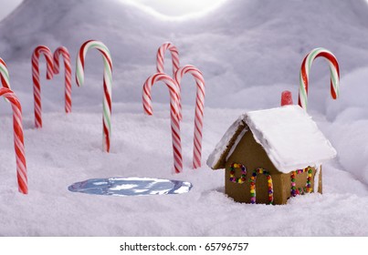 A Ginger Bread Cottage Near A Candy Pond In A Snowy Candy Cane Forest