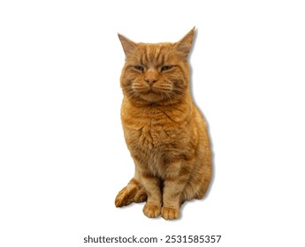 A ginger cat with a serious expression sits on a white background, looking directly at the camera. Perfect for International Cat Day - Powered by Shutterstock