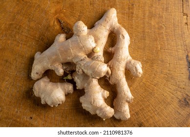 Ginger, Commonly Used Ginger Root In Brazil On Rustic Wood, Top View.