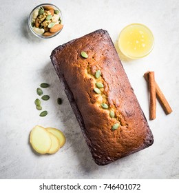 Ginger Honey Spiced Loaf Cake On White Marble Background. Top View, Space For Text, Square.