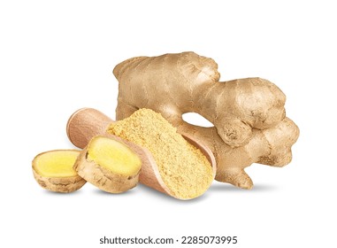 Ginger isolated on white background. Dry ground ginger powder and slices of fresh ginger root. - Powered by Shutterstock