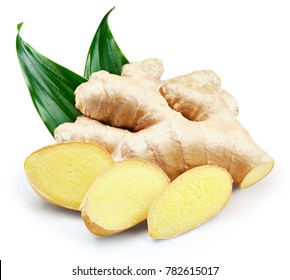 Ginger with leaves Isolated on a white Clipping Path - Shutterstock ID 782615017