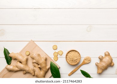 ginger on Cutting board table, top view. Space for text.