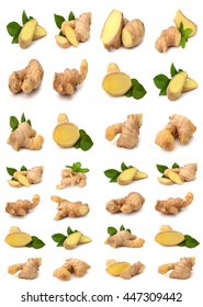 Ginger root and leaf isolated on white