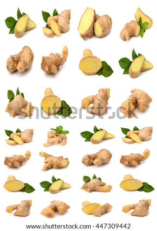 Ginger root and leaf isolated on white