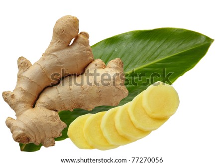 Ginger root and leaf isolated on white