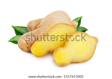 Ginger root with leaves isolated on white background