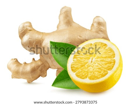 Ginger root and lemon with leaves isolated on white background.