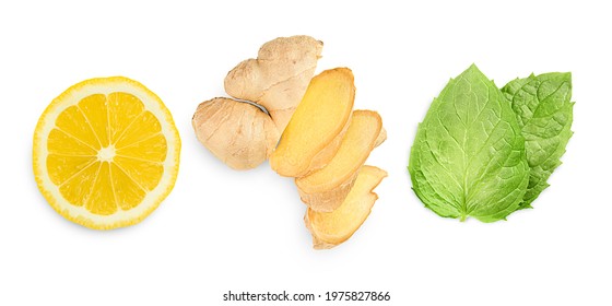 Ginger Root, Lemon And Mint Leaves On White Isolated Background. Top View