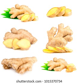 Ginger root on a white background.Collage.