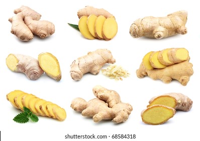 Ginger Root On A White Background.Collage