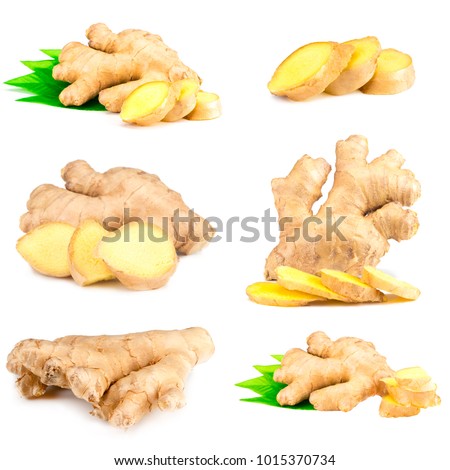 Ginger root on a white background.Collage.