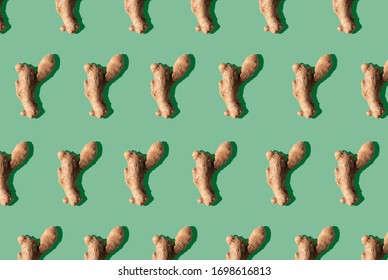 Ginger Root Pattern With Shadow On Green Background