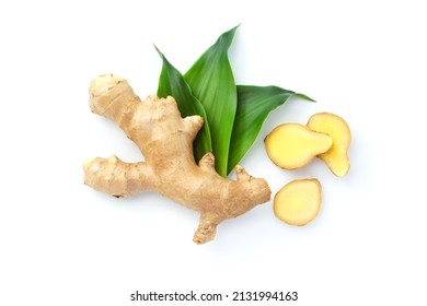 Ginger Root With Slice Isolated On White Background , Top View , Flat Lay.