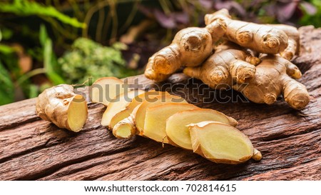 Ginger root and sliced on old plank with nature background. Close-up, Selective focus