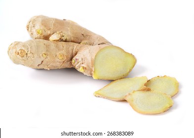 Ginger Root Sliced On White Background.