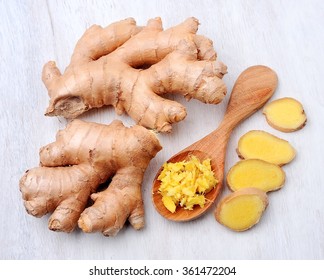 Ginger Root. Slices Ginger. Grated Ginger On White Background.