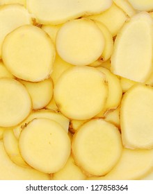 Ginger Root Slices In Isolated  Background