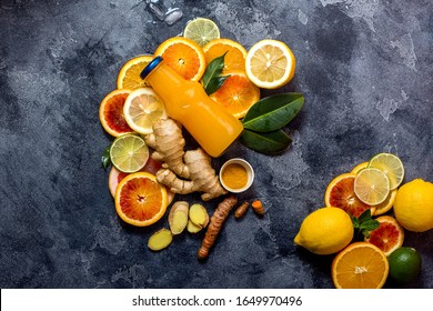 Ginger Shot In Bottle, Healthy Detox Drink With Ginger, Turmeric And Citrus Juice, Top View, Detox Concept